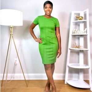 GOLD BUTTON GREEN SHIFT MINI DRESS